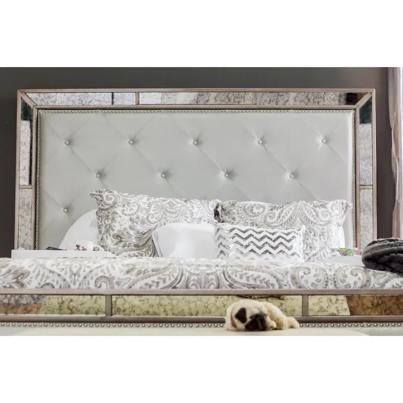 4-Poster Panel Bed with Faux Leather Tufted Headboard, Mirrored Trim, 500 lbs – Champagne