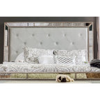 4-Poster Panel Bed with Faux Leather Tufted Headboard, Mirrored Trim, 500 lbs – Champagne