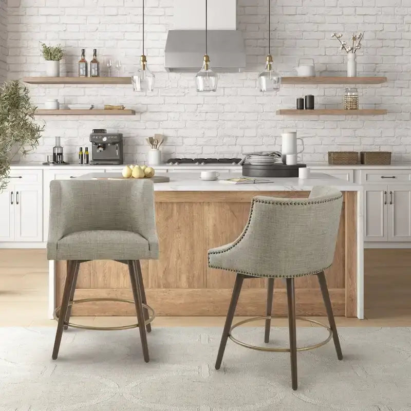 360° Swivel Counter Stool with Low Back, Tweed Fabric, Nailhead Trim, 26.5" Seat Height, 300 lbs