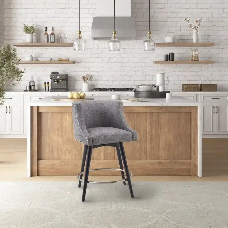 360° Swivel Counter Stool with Low Back, Tweed Fabric, Nailhead Trim, 26.5" Seat Height, 300 lbs