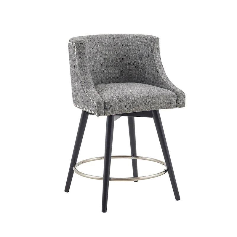 360° Swivel Counter Stool with Low Back, Tweed Fabric, Nailhead Trim, 26.5" Seat Height, 300 lbs