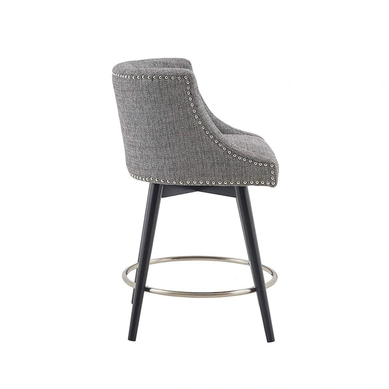 360° Swivel Counter Stool with Low Back, Tweed Fabric, Nailhead Trim, 26.5" Seat Height, 300 lbs
