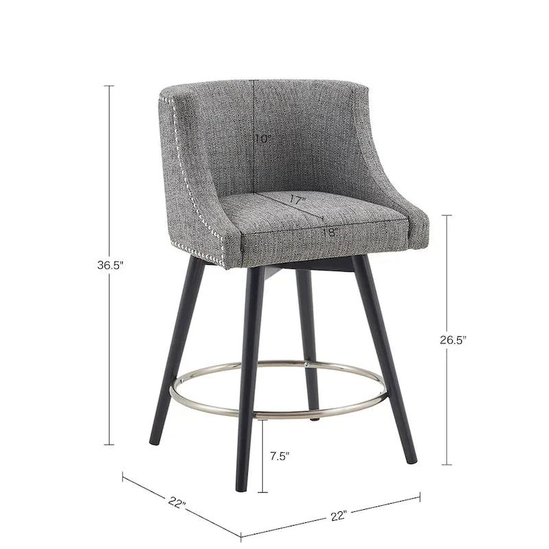 360° Swivel Counter Stool with Low Back, Tweed Fabric, Nailhead Trim, 26.5" Seat Height, 300 lbs