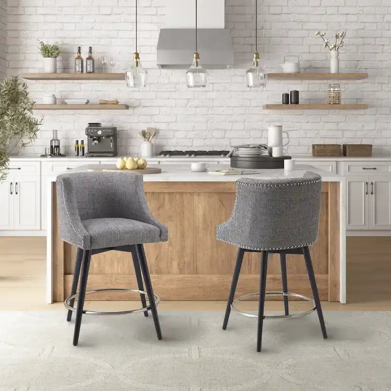 360° Swivel Counter Stool with Low Back, Tweed Fabric, Nailhead Trim, 26.5" Seat Height, 300 lbs