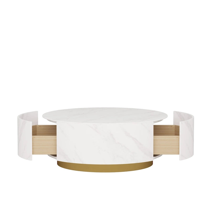 Faux Marble Top Round Modern Coffee Table with 2 Drawers