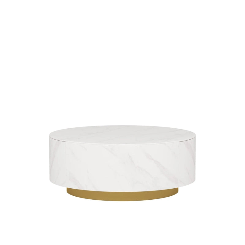 Faux Marble Top Round Modern Coffee Table with 2 Drawers