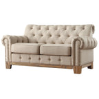 Two-Seater Sofa — Button-Tufted Rolled Arms, Nailhead Trim; Linen & Microfiber; 64.5 Inches