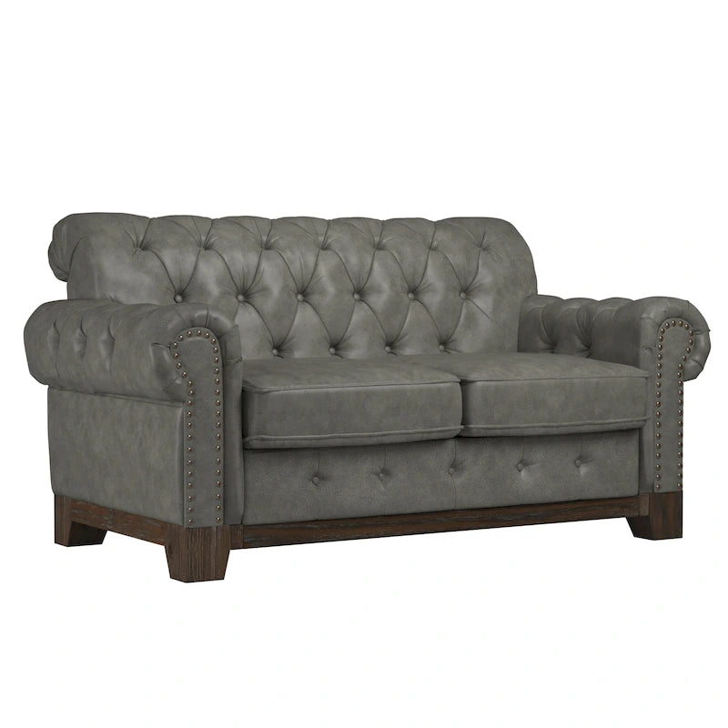 Two-Seater Sofa — Button-Tufted Rolled Arms, Nailhead Trim; Linen & Microfiber; 64.5 Inches