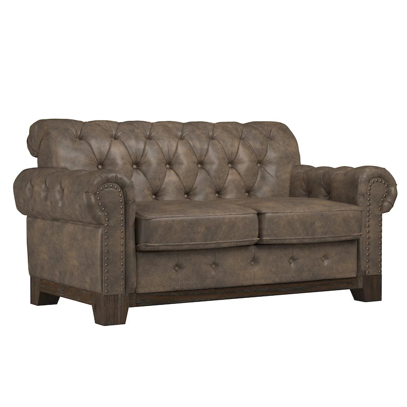 Two-Seater Sofa — Button-Tufted Rolled Arms, Nailhead Trim; Linen & Microfiber; 64.5 Inches