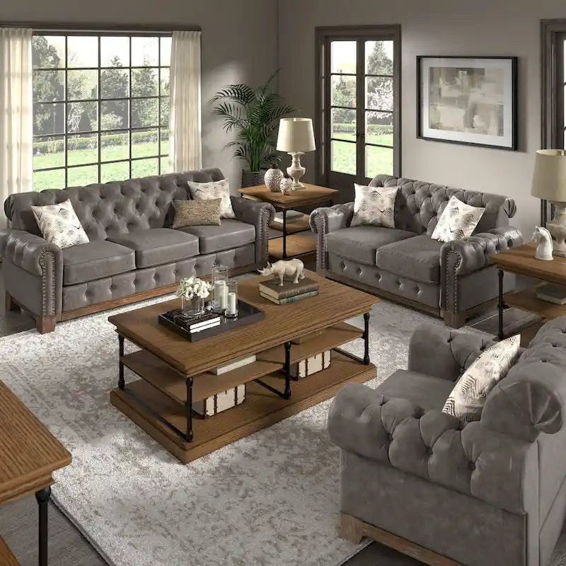 Two-Seater Sofa — Button-Tufted Rolled Arms, Nailhead Trim; Linen & Microfiber; 64.5 Inches