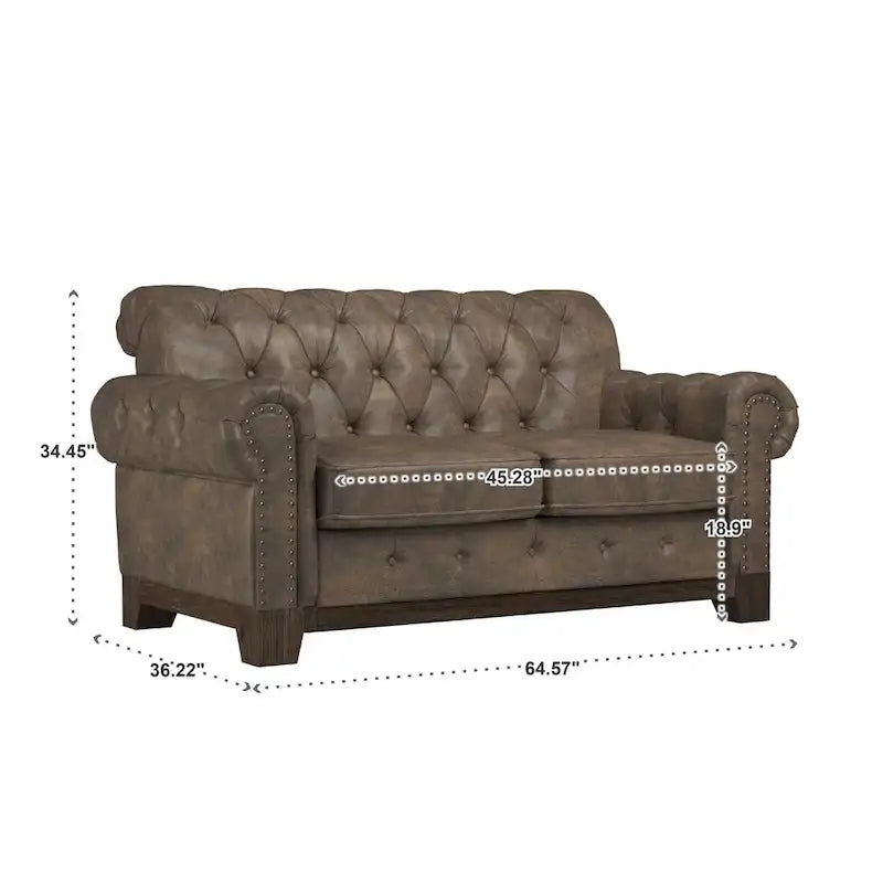 Two-Seater Sofa — Button-Tufted Rolled Arms, Nailhead Trim; Linen & Microfiber; 64.5 Inches