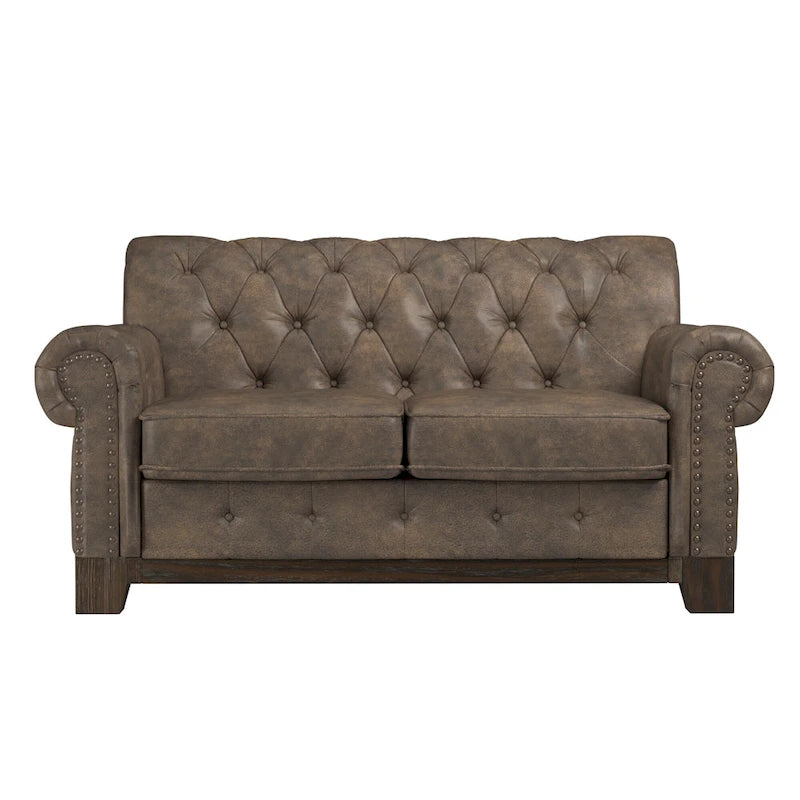 Two-Seater Sofa — Button-Tufted Rolled Arms, Nailhead Trim; Linen & Microfiber; 64.5 Inches