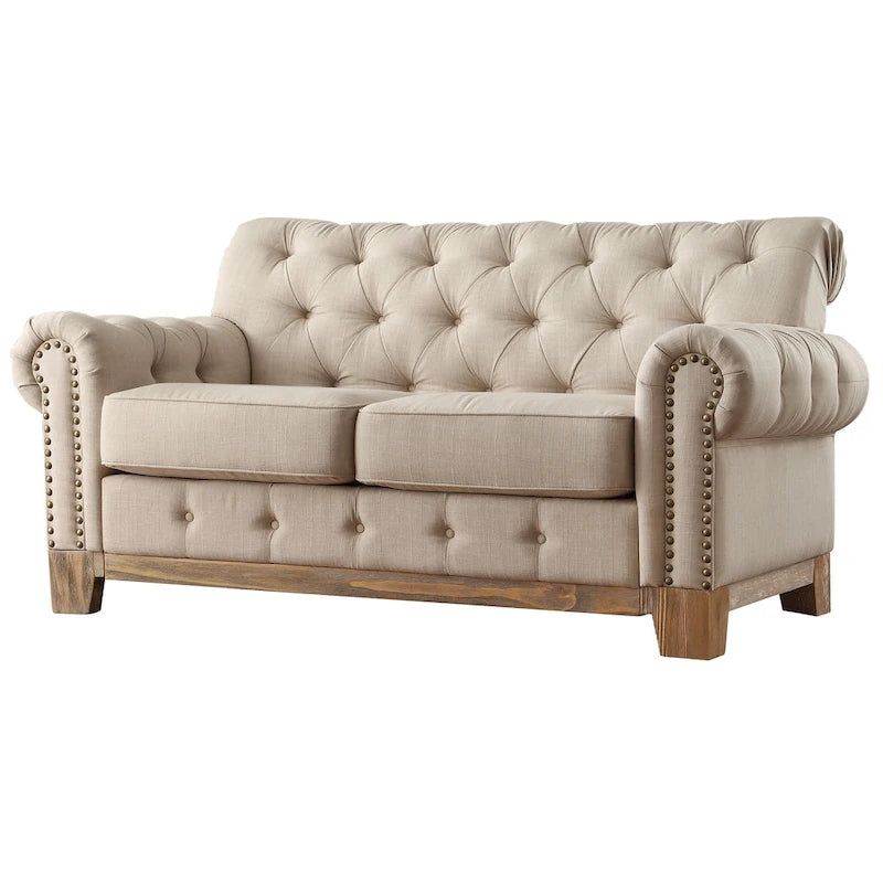 Two-Seater Sofa — Button-Tufted Rolled Arms, Nailhead Trim; Linen & Microfiber; 64.5 Inches