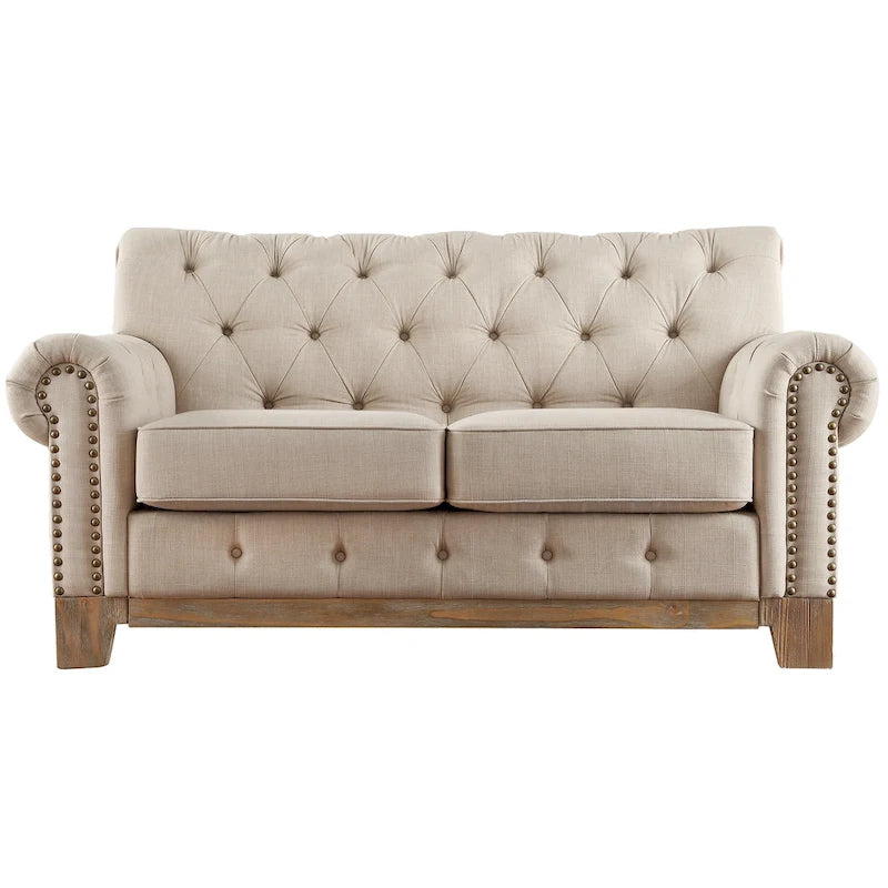Two-Seater Sofa — Button-Tufted Rolled Arms, Nailhead Trim; Linen & Microfiber; 64.5 Inches