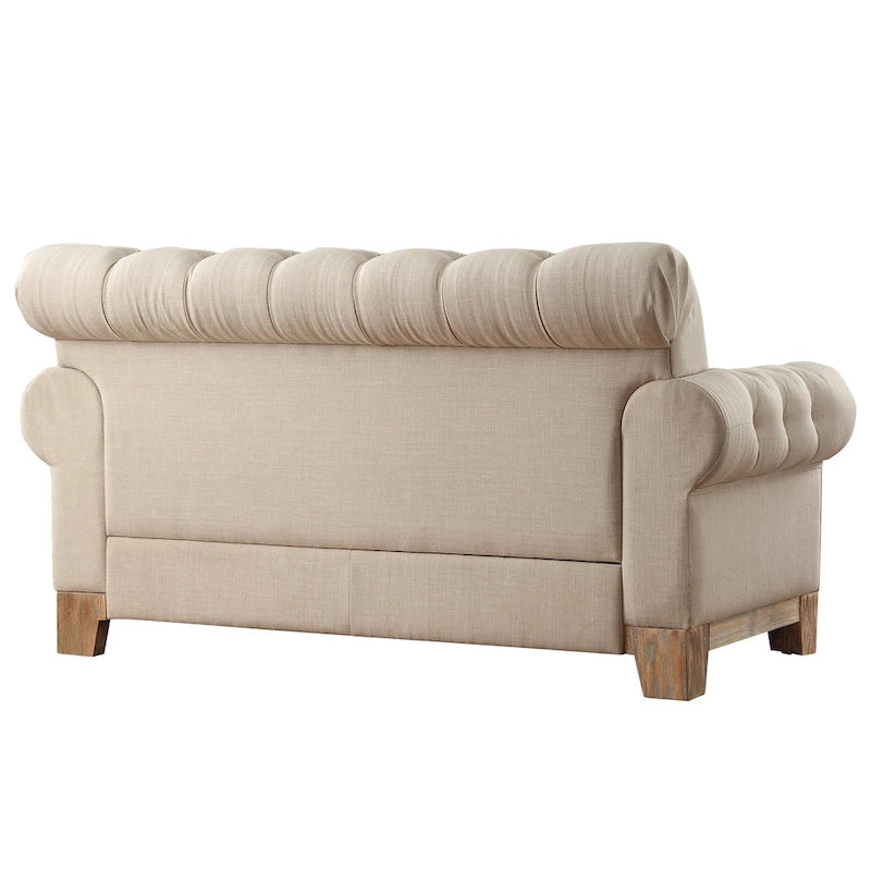 Two-Seater Sofa — Button-Tufted Rolled Arms, Nailhead Trim; Linen & Microfiber; 64.5 Inches