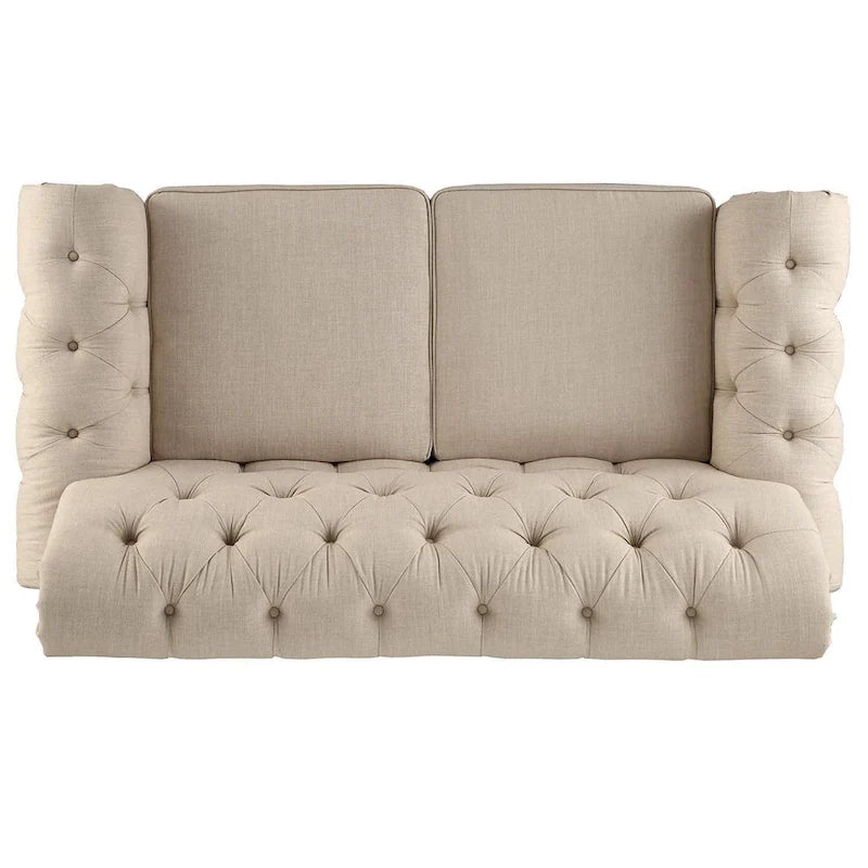Two-Seater Sofa — Button-Tufted Rolled Arms, Nailhead Trim; Linen & Microfiber; 64.5 Inches