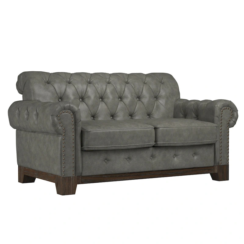 Two-Seater Sofa — Button-Tufted Rolled Arms, Nailhead Trim; Linen & Microfiber; 64.5 Inches