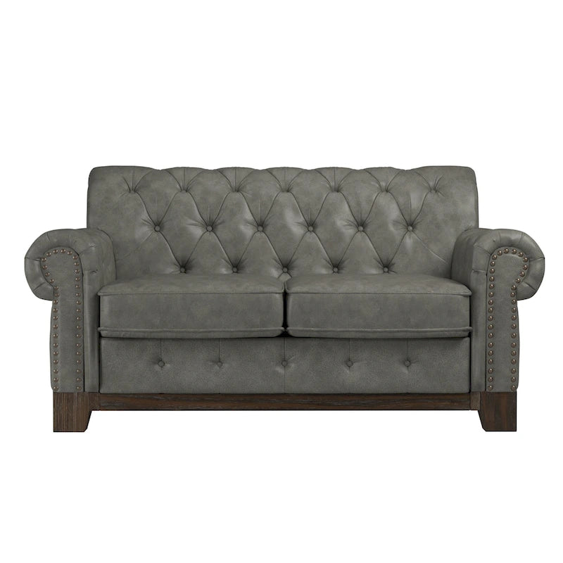 Two-Seater Sofa — Button-Tufted Rolled Arms, Nailhead Trim; Linen & Microfiber; 64.5 Inches