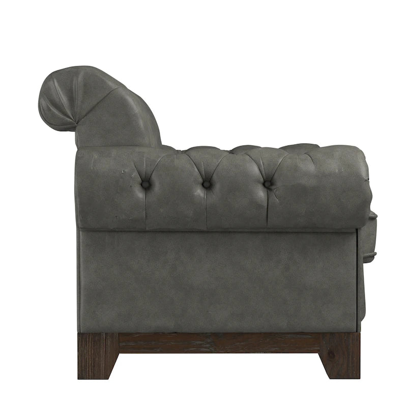 Two-Seater Sofa — Button-Tufted Rolled Arms, Nailhead Trim; Linen & Microfiber; 64.5 Inches