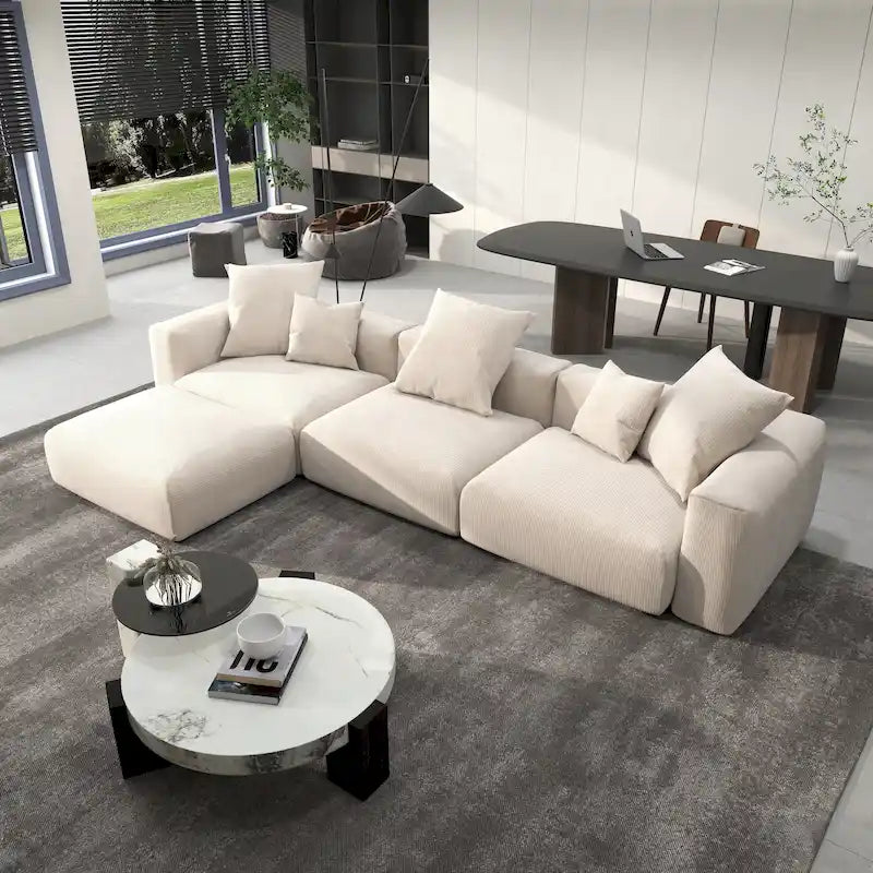 L-Shaped Corduroy Sectional Sofa with Ottoman, Modular Deep Couch, Removable Cover, 3-Color, 660 lbs Capacity
