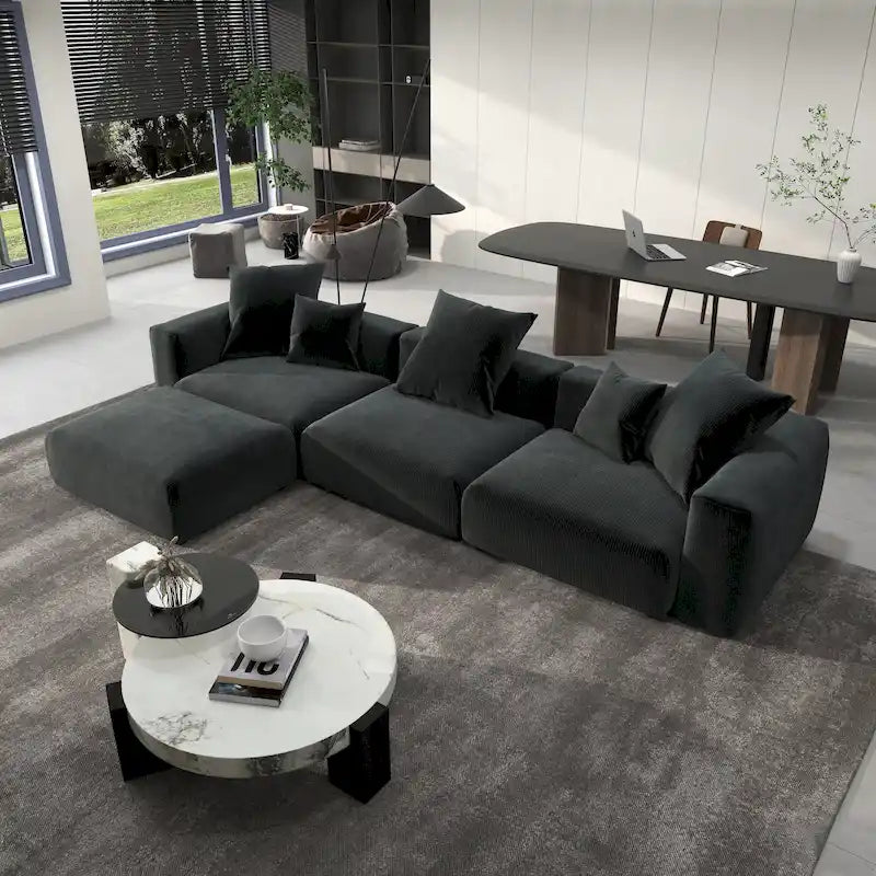 L-Shaped Corduroy Sectional Sofa with Ottoman, Modular Deep Couch, Removable Cover, 3-Color, 660 lbs Capacity