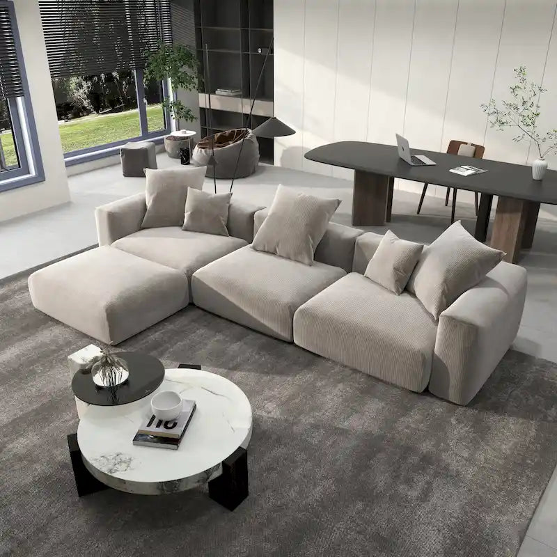 L-Shaped Corduroy Sectional Sofa with Ottoman, Modular Deep Couch, Removable Cover, 3-Color, 660 lbs Capacity