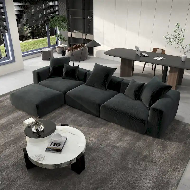 L-Shaped Corduroy Sectional Sofa with Ottoman, Modular Deep Couch, Removable Cover, 3-Color, 660 lbs Capacity