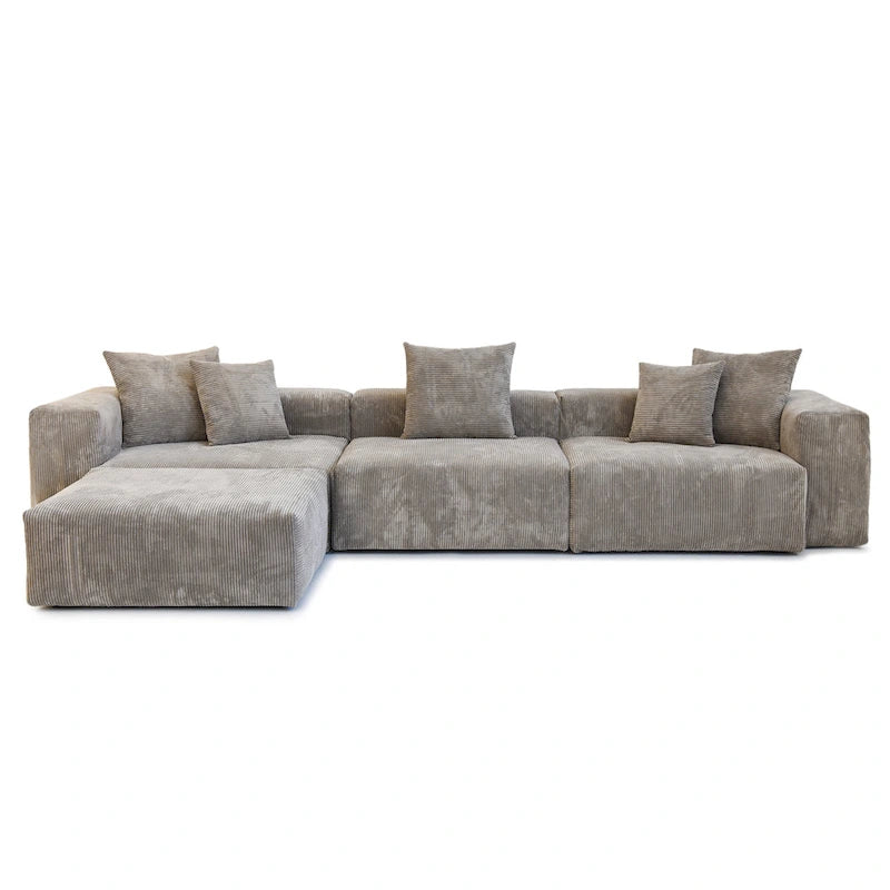 L-Shaped Corduroy Sectional Sofa with Ottoman, Modular Deep Couch, Removable Cover, 3-Color, 660 lbs Capacity