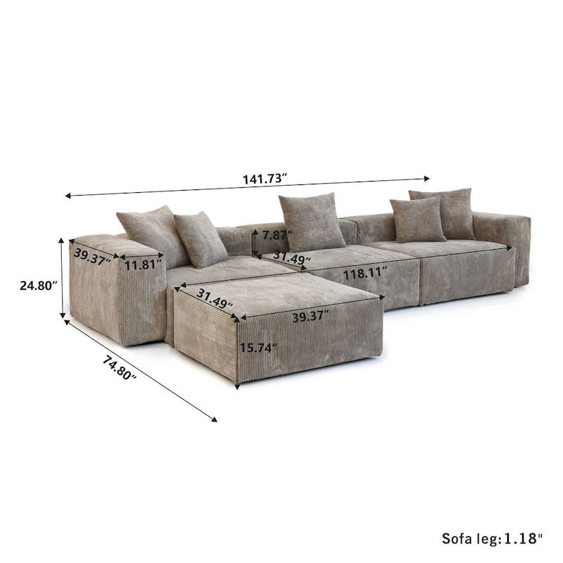 L-Shaped Corduroy Sectional Sofa with Ottoman, Modular Deep Couch, Removable Cover, 3-Color, 660 lbs Capacity