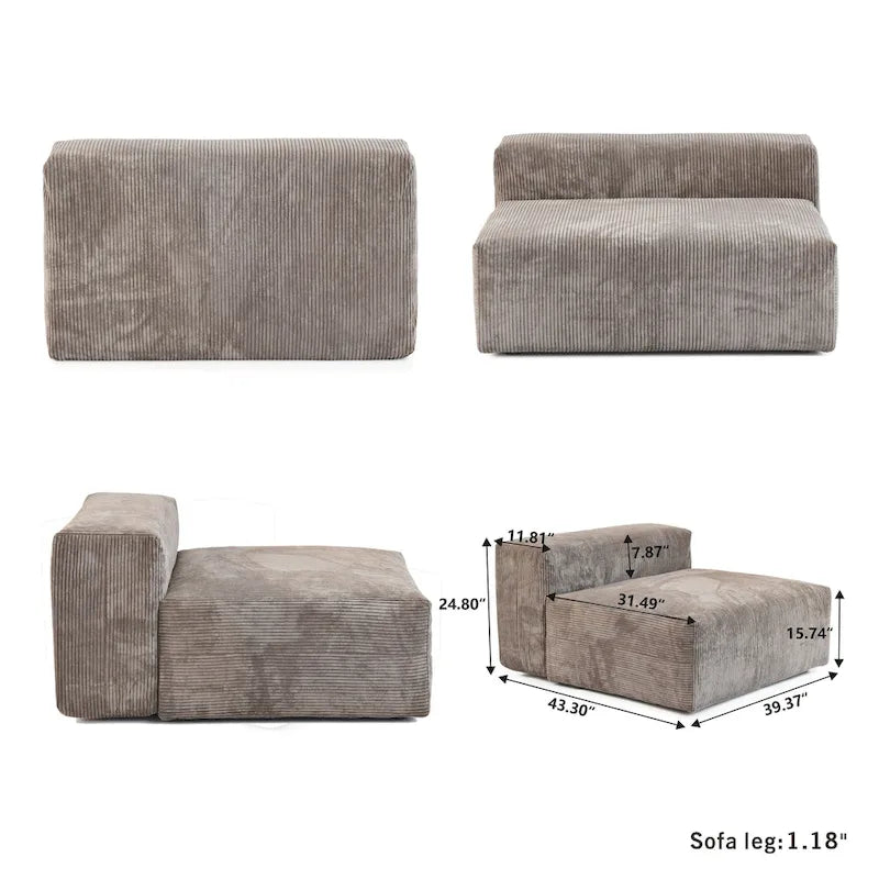 L-Shaped Corduroy Sectional Sofa with Ottoman, Modular Deep Couch, Removable Cover, 3-Color, 660 lbs Capacity
