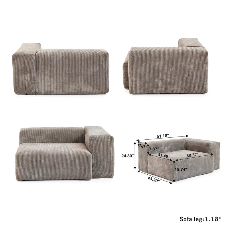 L-Shaped Corduroy Sectional Sofa with Ottoman, Modular Deep Couch, Removable Cover, 3-Color, 660 lbs Capacity