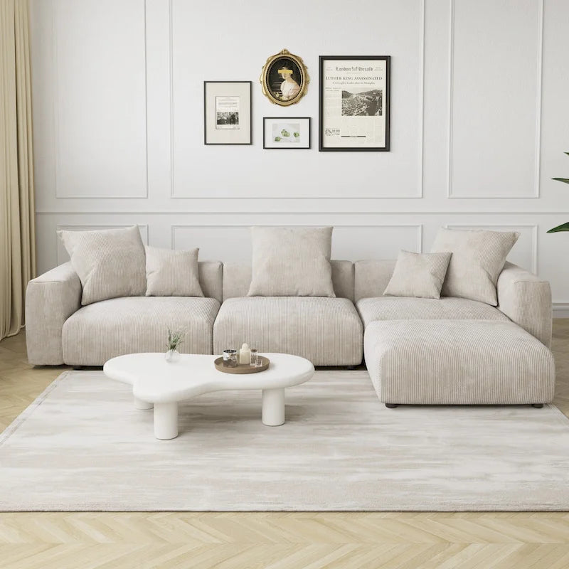 L-Shaped Corduroy Sectional Sofa with Ottoman, Modular Deep Couch, Removable Cover, 3-Color, 660 lbs Capacity