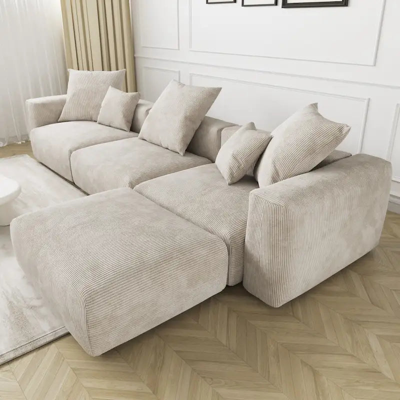 L-Shaped Corduroy Sectional Sofa with Ottoman, Modular Deep Couch, Removable Cover, 3-Color, 660 lbs Capacity