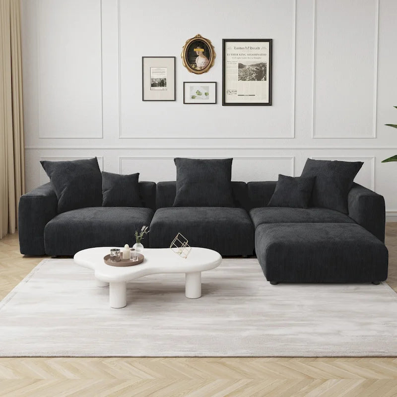 L-Shaped Corduroy Sectional Sofa with Ottoman, Modular Deep Couch, Removable Cover, 3-Color, 660 lbs Capacity