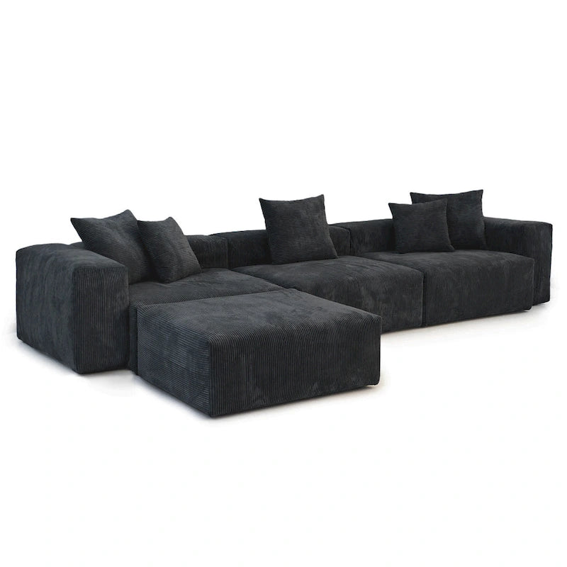 L-Shaped Corduroy Sectional Sofa with Ottoman, Modular Deep Couch, Removable Cover, 3-Color, 660 lbs Capacity