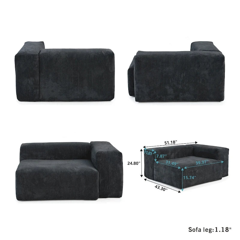 L-Shaped Corduroy Sectional Sofa with Ottoman, Modular Deep Couch, Removable Cover, 3-Color, 660 lbs Capacity