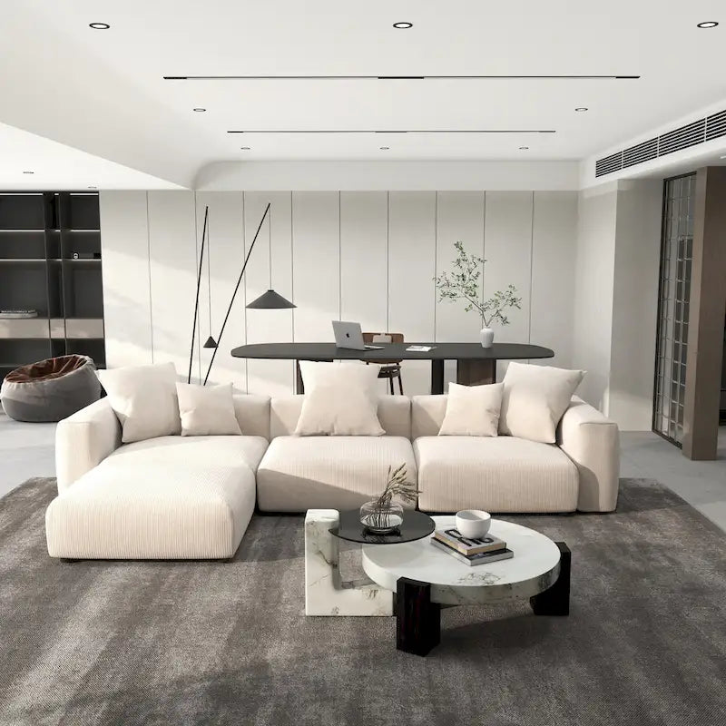L-Shaped Corduroy Sectional Sofa with Ottoman, Modular Deep Couch, Removable Cover, 3-Color, 660 lbs Capacity