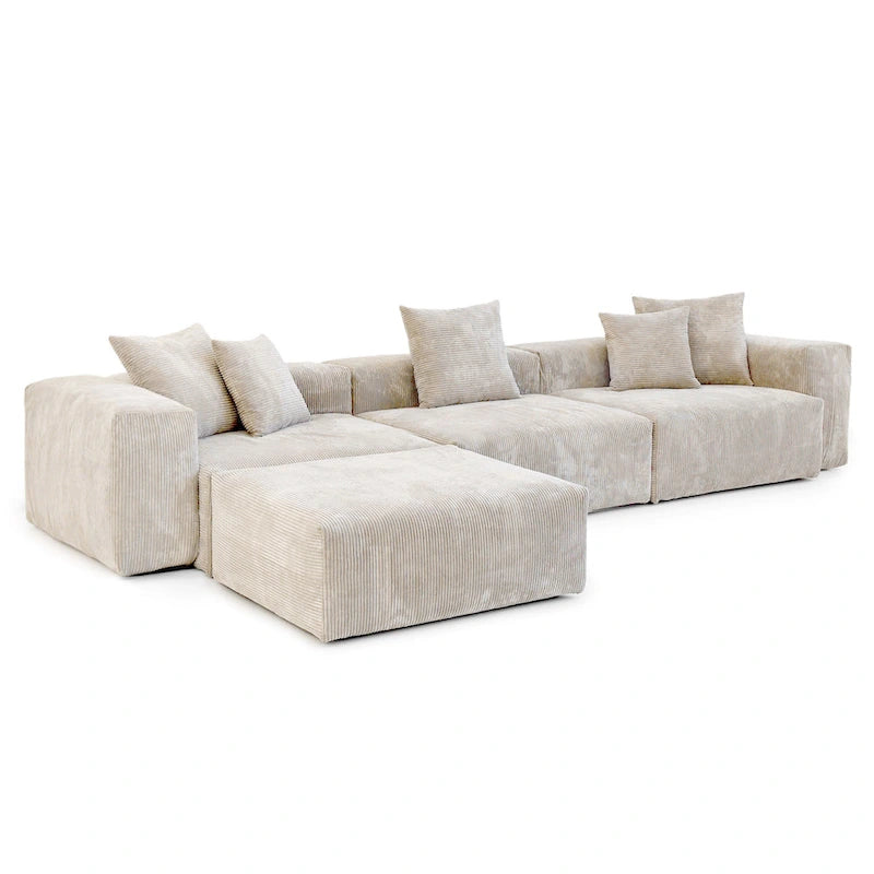 L-Shaped Corduroy Sectional Sofa with Ottoman, Modular Deep Couch, Removable Cover, 3-Color, 660 lbs Capacity