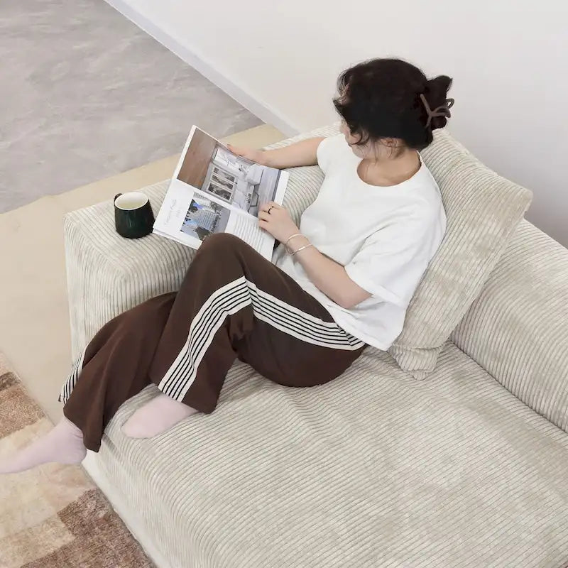 L-Shaped Corduroy Sectional Sofa with Ottoman, Modular Deep Couch, Removable Cover, 3-Color, 660 lbs Capacity