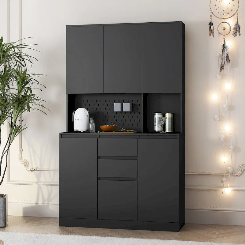 74 Freestanding Kitchen Pantry Cabinet Cupboard with 6 Doors,3 Shelves and 2 Drawer, Laundry Room Storage