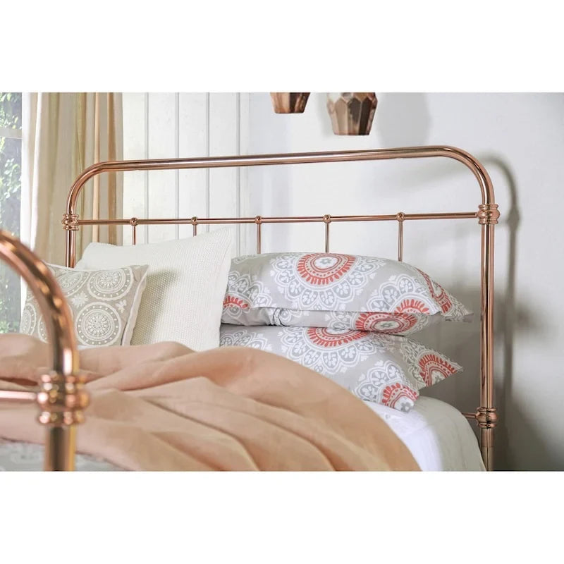 Rose Gold Metal Panel Bed with Rounded Spindle Design, Open Headboard & Footboard | King, Queen, Full