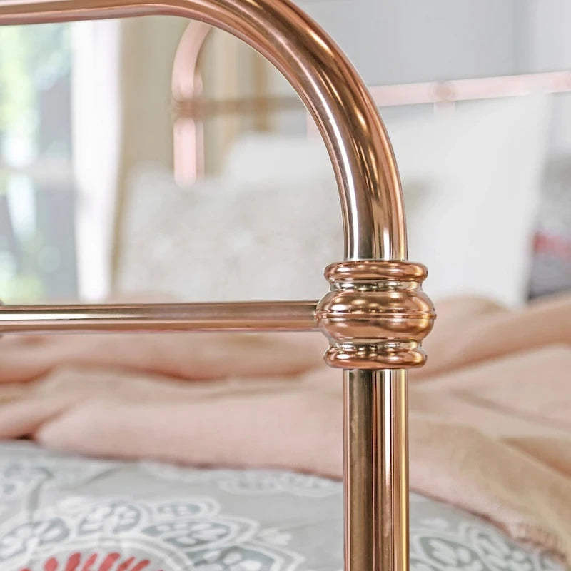 Rose Gold Metal Panel Bed with Rounded Spindle Design, Open Headboard & Footboard | King, Queen, Full