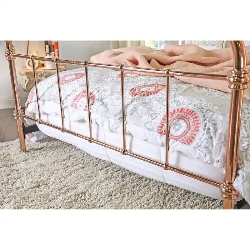 Rose Gold Metal Panel Bed with Rounded Spindle Design, Open Headboard & Footboard | King, Queen, Full