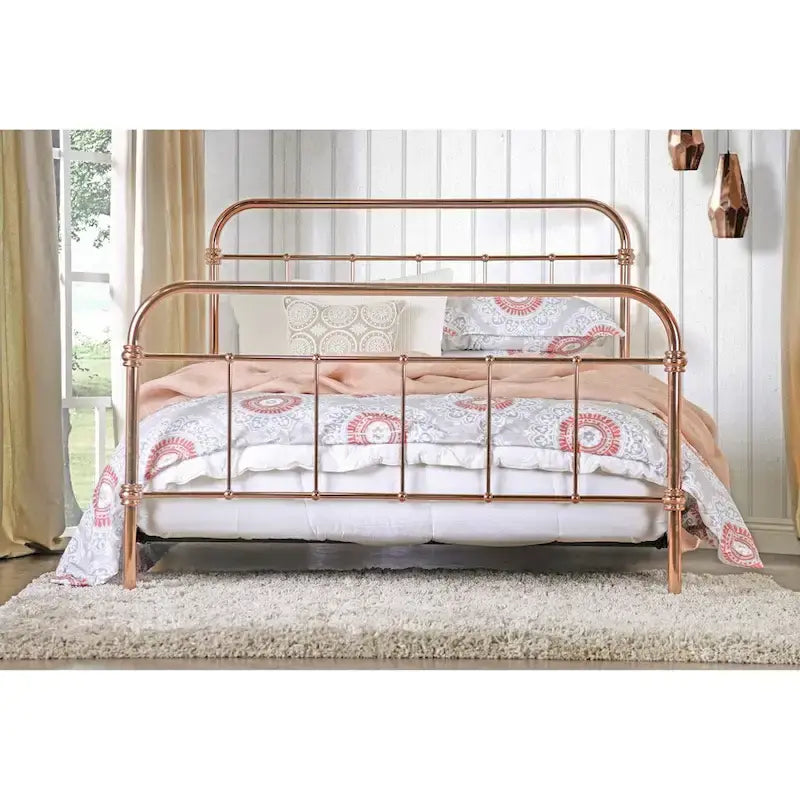 Rose Gold Metal Panel Bed with Rounded Spindle Design, Open Headboard & Footboard | King, Queen, Full