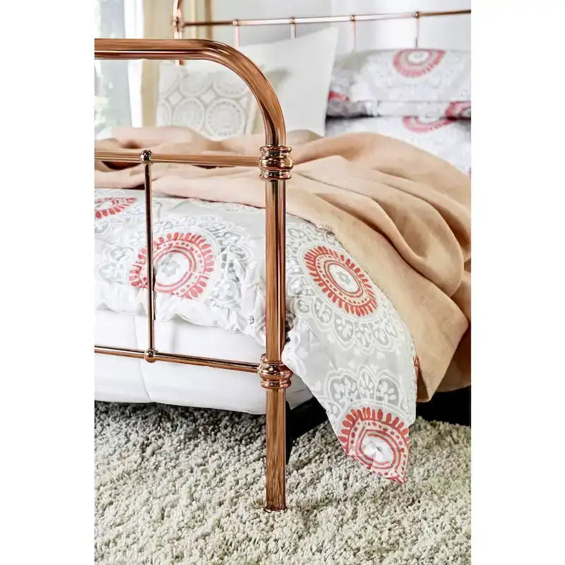 Rose Gold Metal Panel Bed with Rounded Spindle Design, Open Headboard & Footboard | King, Queen, Full