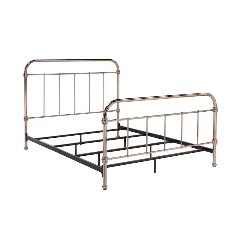Rose Gold Metal Panel Bed with Rounded Spindle Design, Open Headboard & Footboard | King, Queen, Full