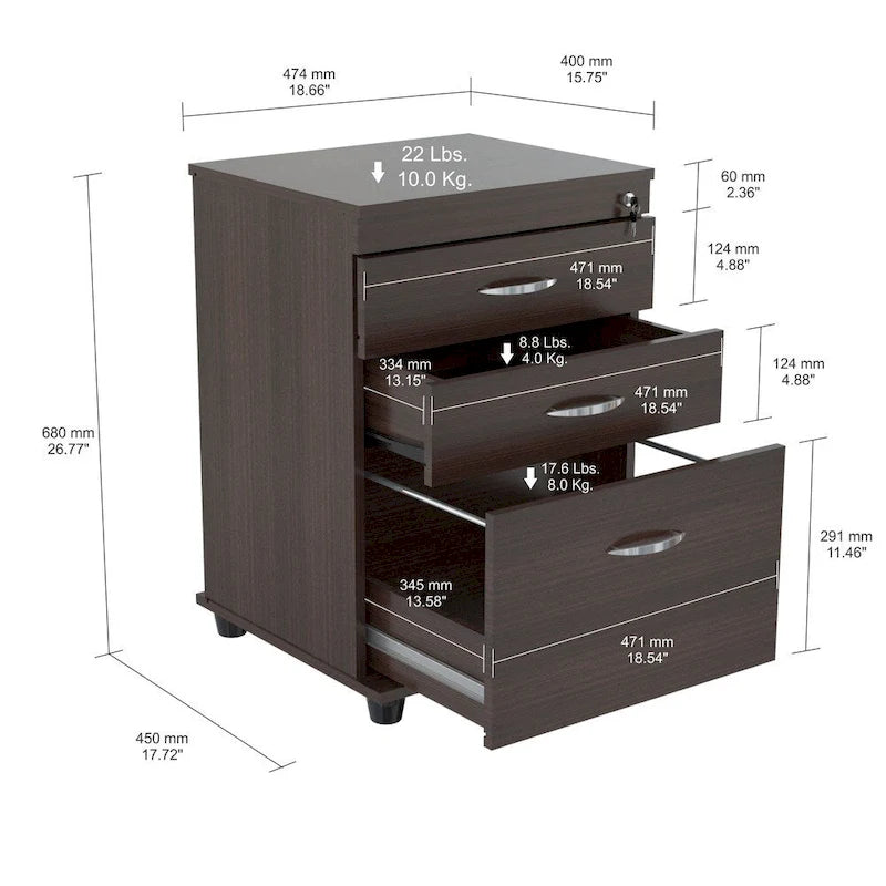 3-Drawer File Cabinet with Universal Lock, Letter & Legal Size, Full-Extension Slides – Espresso