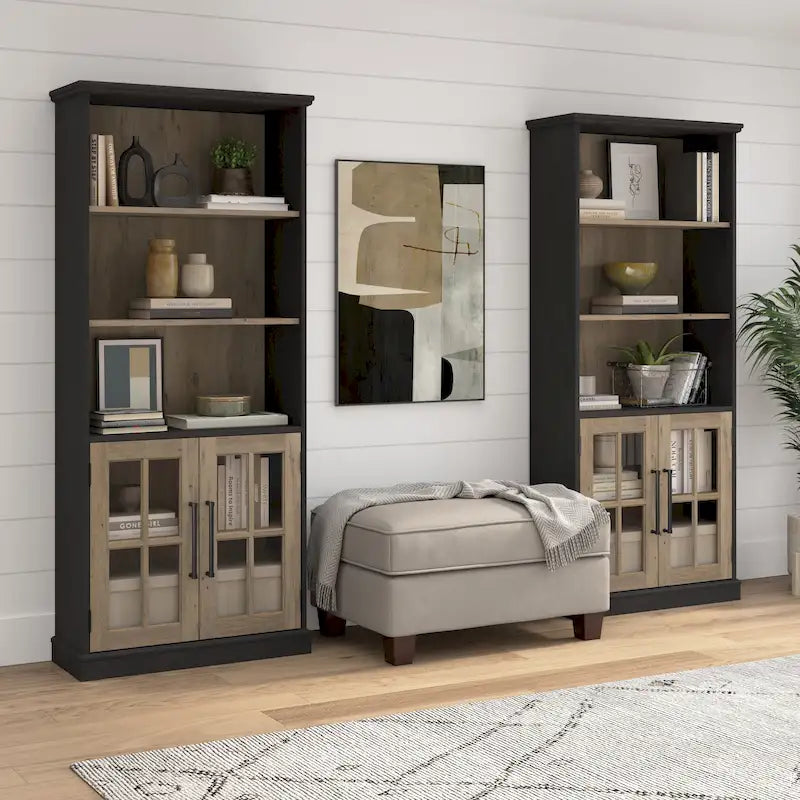 5-Shelf Bookcase with Glass Doors, Set of 2 – Farmhouse Style, Adjustable Shelves