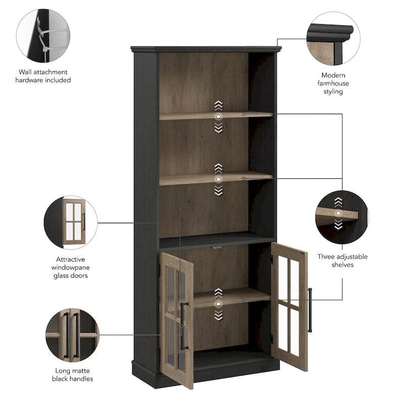 5-Shelf Bookcase with Glass Doors, Set of 2 – Farmhouse Style, Adjustable Shelves