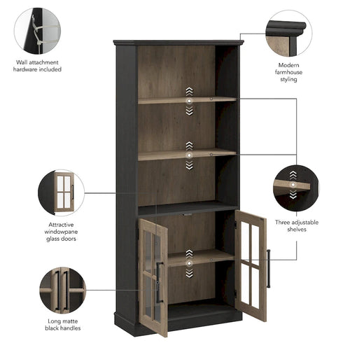 5-Shelf Bookcase with Glass Doors, Set of 2 – Farmhouse Style, Adjustable Shelves